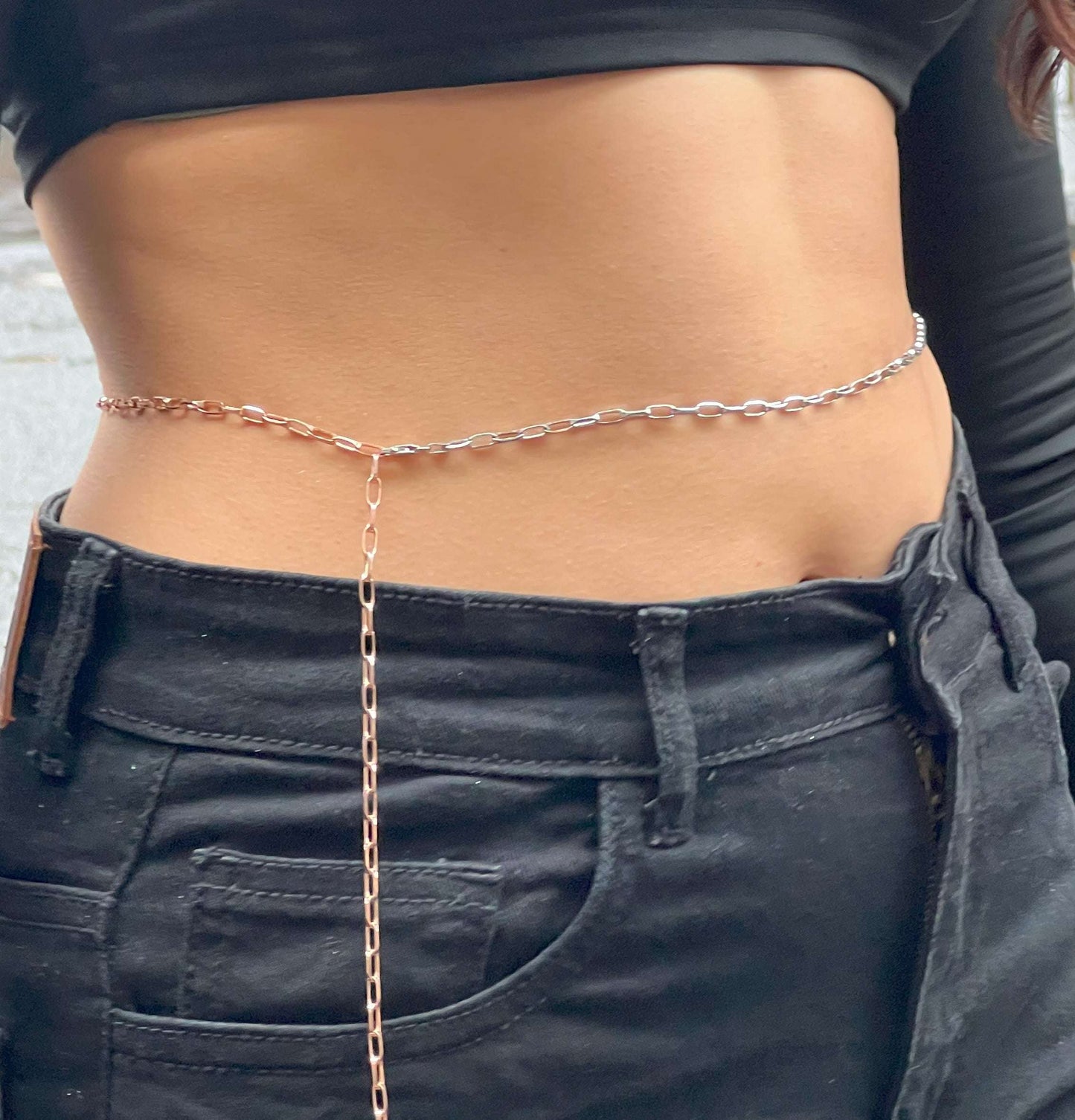 Sterling silver paperclip chain wrapped around waist