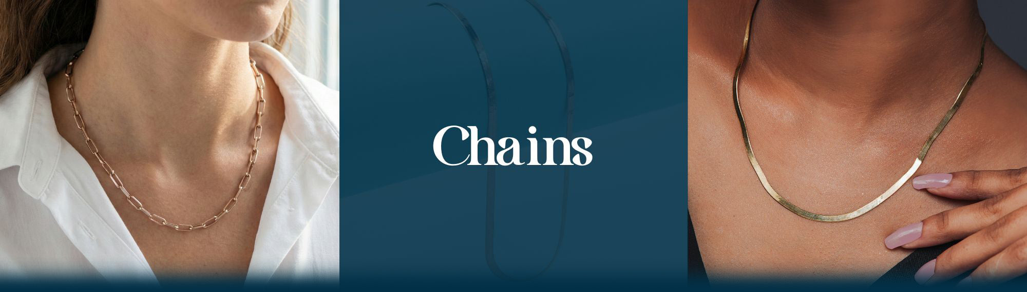 Elfy 925 Sterling Silver Chains collection banner featuring a trendy rose gold-plated paperclip link necklace in which you can add multiple charms for personalization and a sleek flat herringbone snake chain—Essential layering pieces for modern women's jewelry.