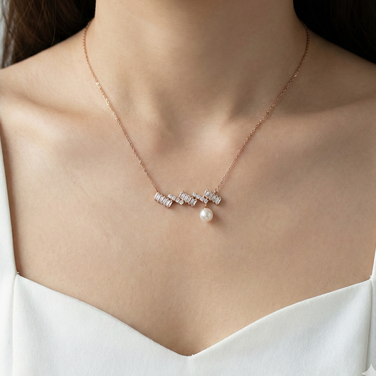 Silver Ice Pearl Pendant on the neck of a model