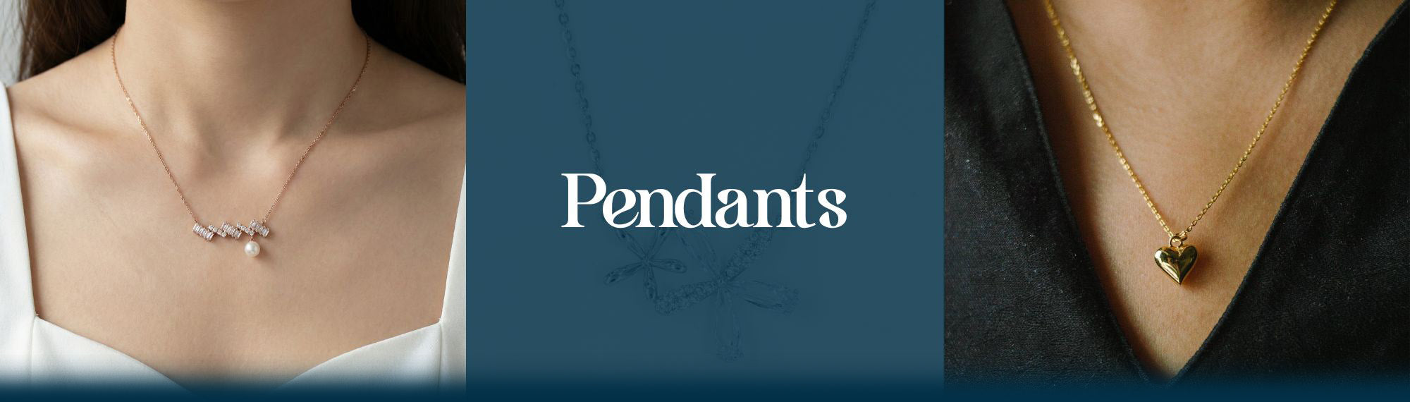 Elfy 925 Sterling Silver Pendants collection banner featuring a delicate rose gold necklace with baguette crystals and a pearl drop, alongside a trendy gold-plated puffed heart pendant—Minimalist and romantic everyday jewelry for women.