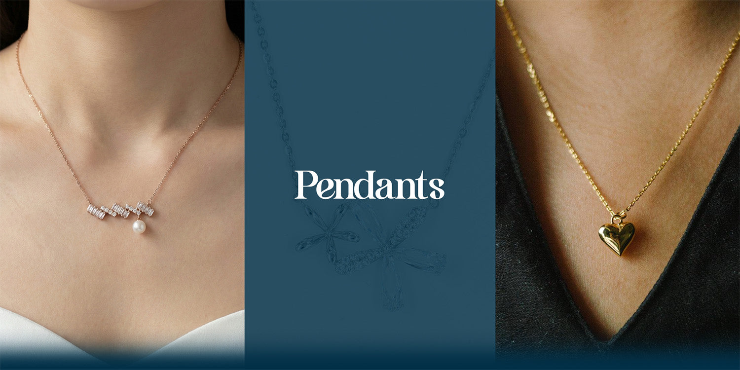 Elfy 925 Sterling Silver Pendants collection banner featuring a delicate rose gold necklace with baguette crystals and a pearl drop, alongside a trendy gold-plated puffed heart pendant—Minimalist and romantic everyday jewelry for women. Best for gifting your girl for proposal or fiancée 
