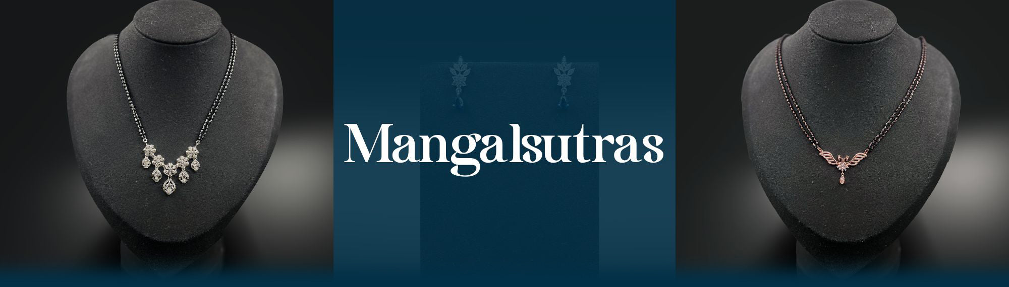 Two mangalsutras on mannequins with 'Mangalsutras' text in the center.