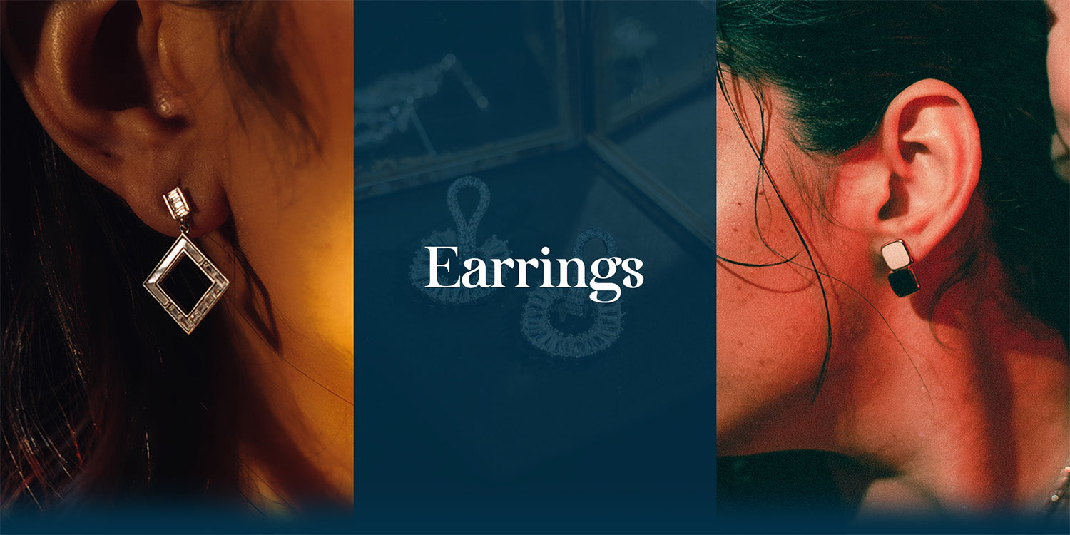 Elfy 925 Sterling Silver Earrings collection banner featuring elegant geometric diamond-shaped drop earrings with crystals and modern minimalist square studs—Trendy statement and everyday jewelry for women.