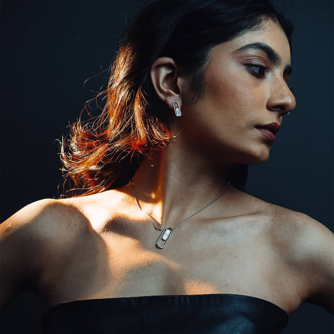 Model wearing elfy balanced beauty set made in pure 925 sterling silver, sterling silver Mother of Pearl set, silver jewellery sets, gift for her, jewellery set for her, 925 silver sets