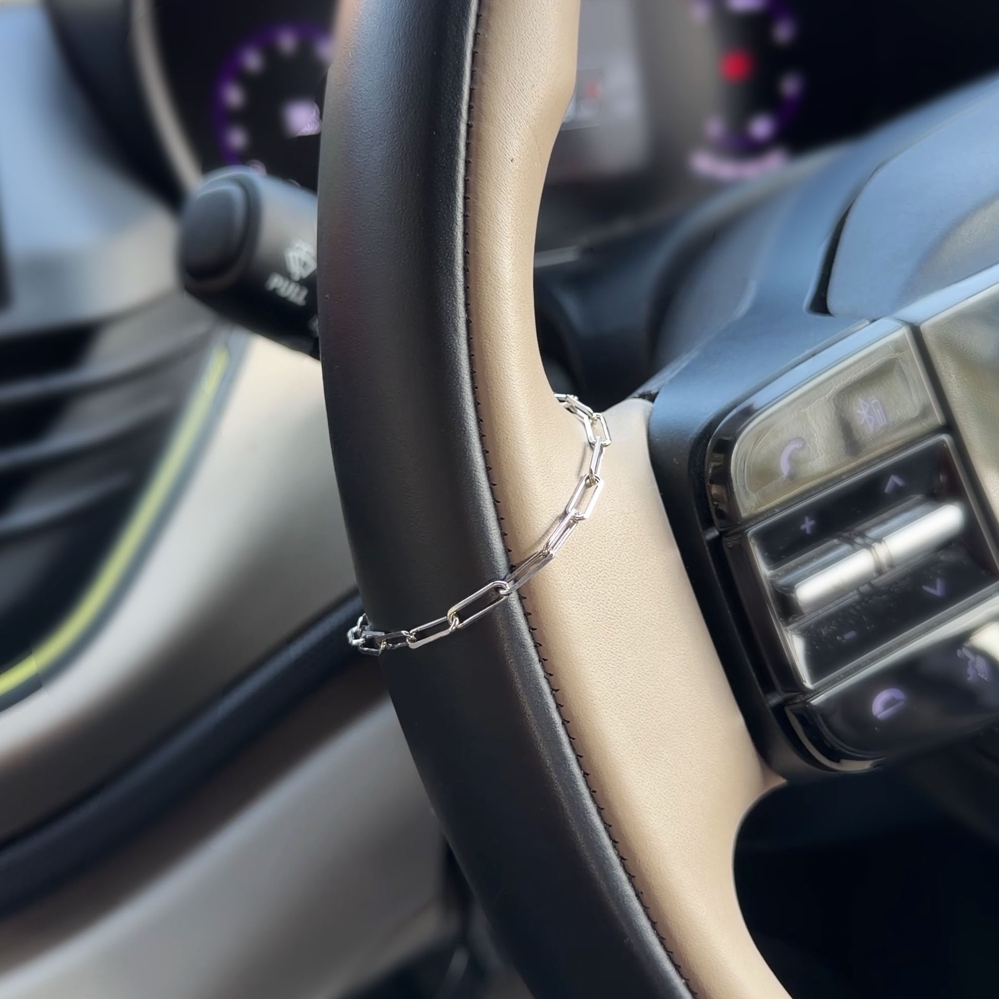 Minimalist sterling silver steering wheel charm chain with detachable charms for car interior styling