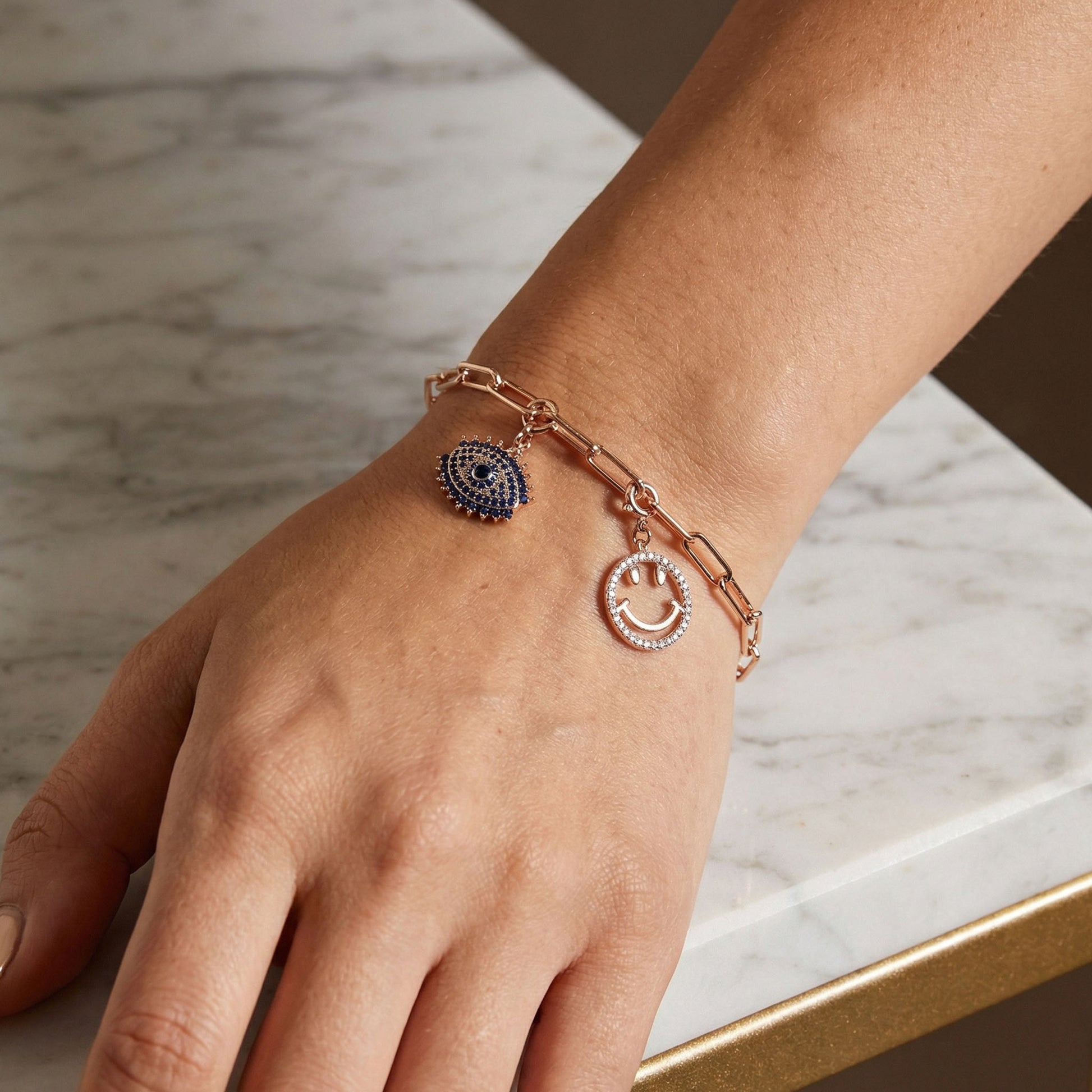 Paperclip bracelet with evil eye charm and smiley charm, Charm bracelet, Elfy paperclip charm bracelet, 925 silver, Gift