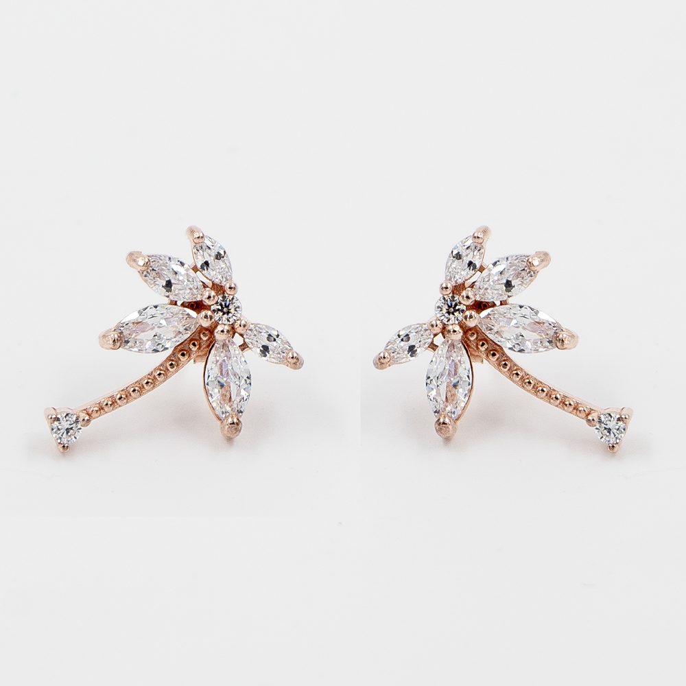 Elfy 925 Sterling Silver Palm Tree Earrings with a rose gold finish, featuring a detailed tropical design set with marquise and round-cut crystals on a white background—Modern and elegant jewelry gift for her.