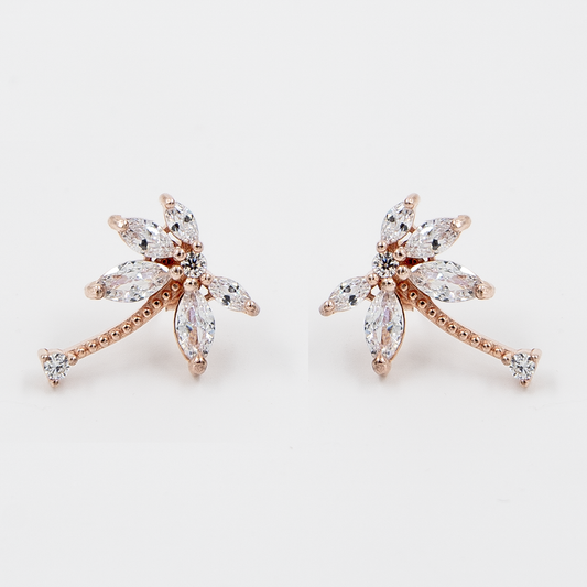 Elfy 925 Sterling Silver Palm Tree Earrings with a rose gold finish, featuring a detailed tropical design set with marquise and round-cut crystals on a white background—Modern and elegant jewelry gift for her.