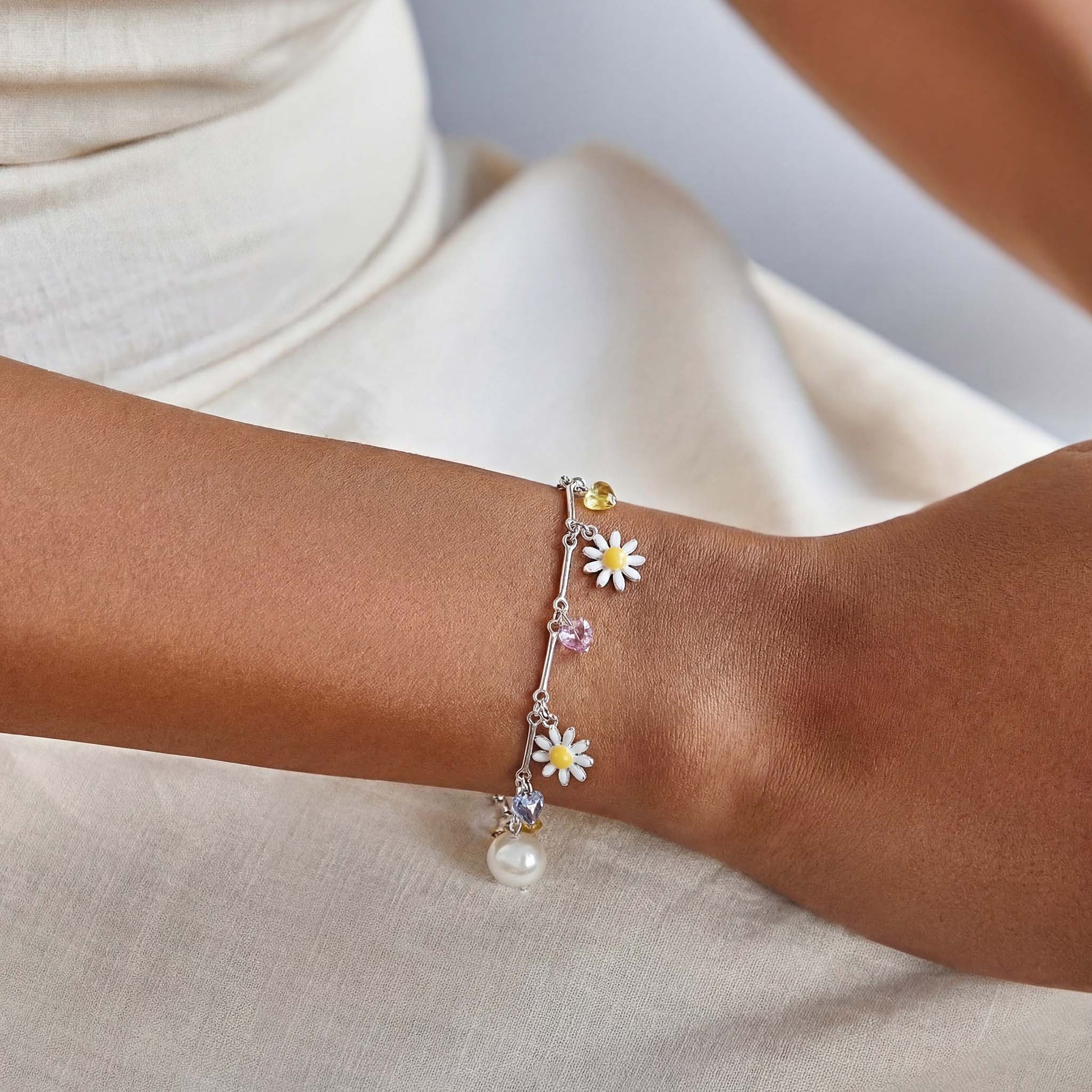 Silver bracelet for her, 925 silver bracelet, Charm bracelet with colorful stone, daisy flower arrangement on entire charm bracelet as charm