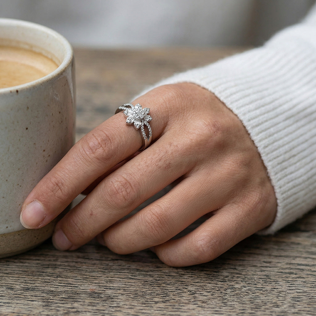 Sterling silver flower ring, Floret ring on model hand