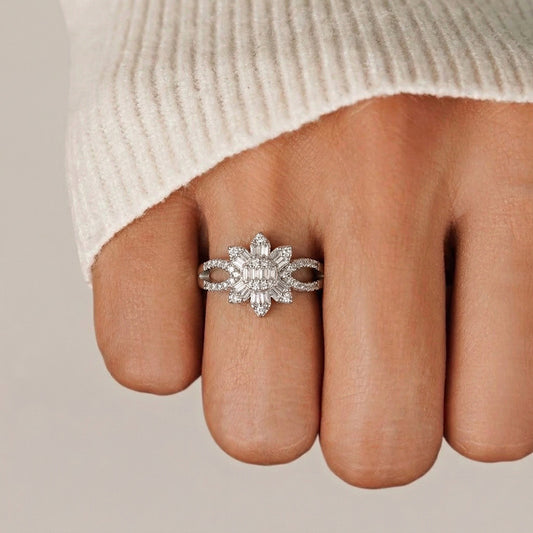 Sterling silver flower ring, Floret ring on model hand