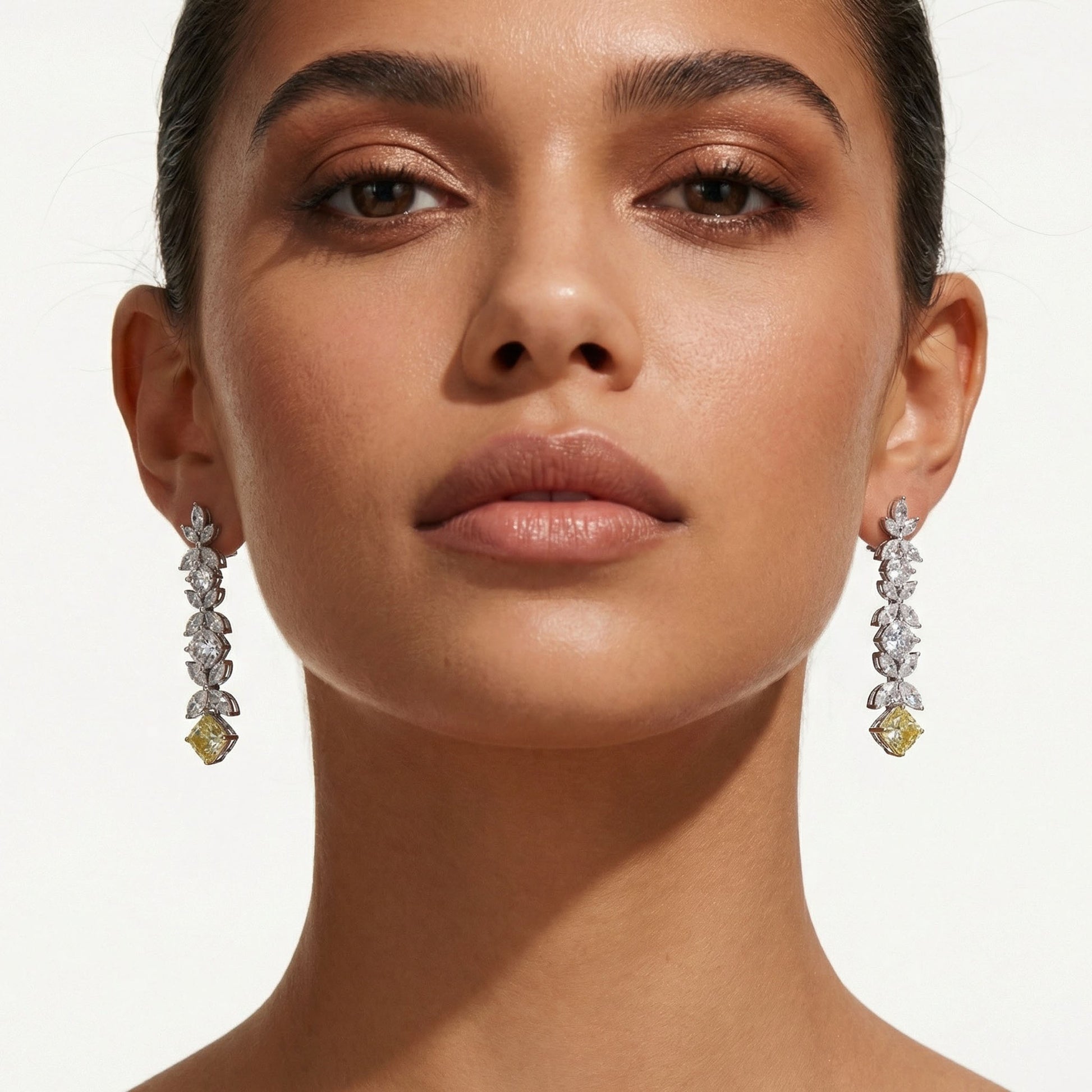 Elfy golden petal earrings, long stone earrings with yellow stone at the bottom