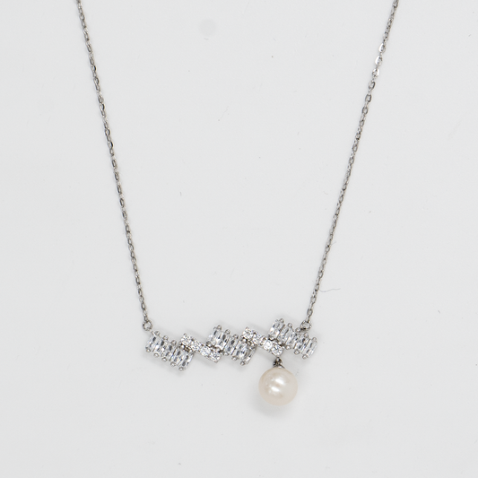 A sleek pendant necklace with sparkling zircon stones and a dngling pearl at the end. Silver pendant, Pendant for her, 925 Silver Pendant, silver pendant necklace, 925 sterling silver