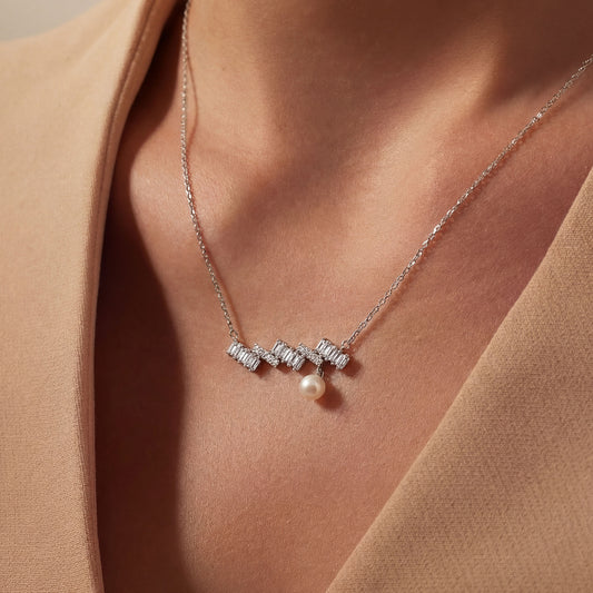 Silver pendant with stone design and pearl hanging at bottom, Silver pendant, Pendant for her, 925 Silver Pendant, silver pendant necklace, 925 sterling silver
