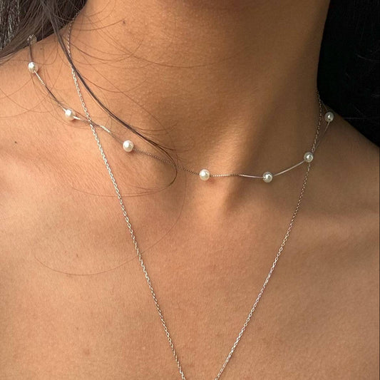 Moonlit pearl chain, 1 layer, glam of pearl with silver, lifestyle.