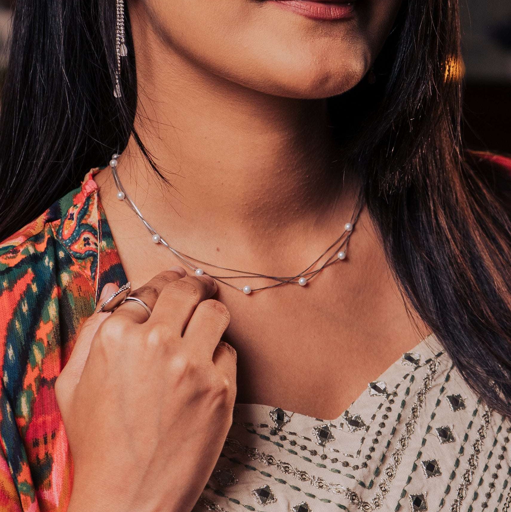 Moonlit pearl chain, 3 layer, glam of pearl with silver