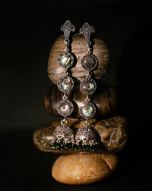Ornate silver earrings with gemstones on a wooden block against a dark background