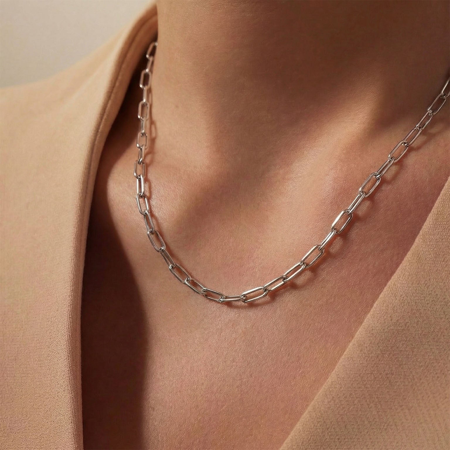 Elfy 925 sterling silver paperclip chain, waterproof and anti-tarnish jewellery for women