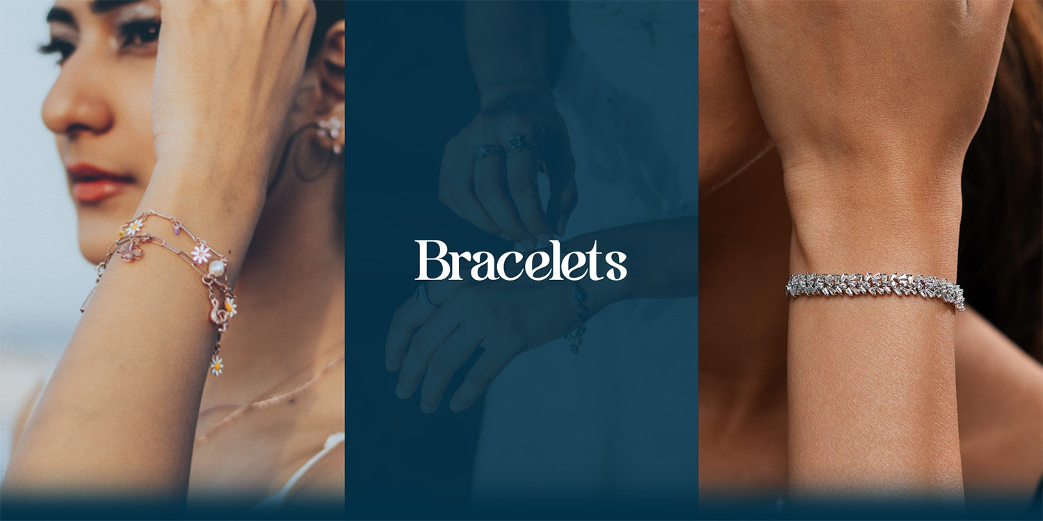 Two images of bracelets on wrists with a central 'Bracelets' text overlay.