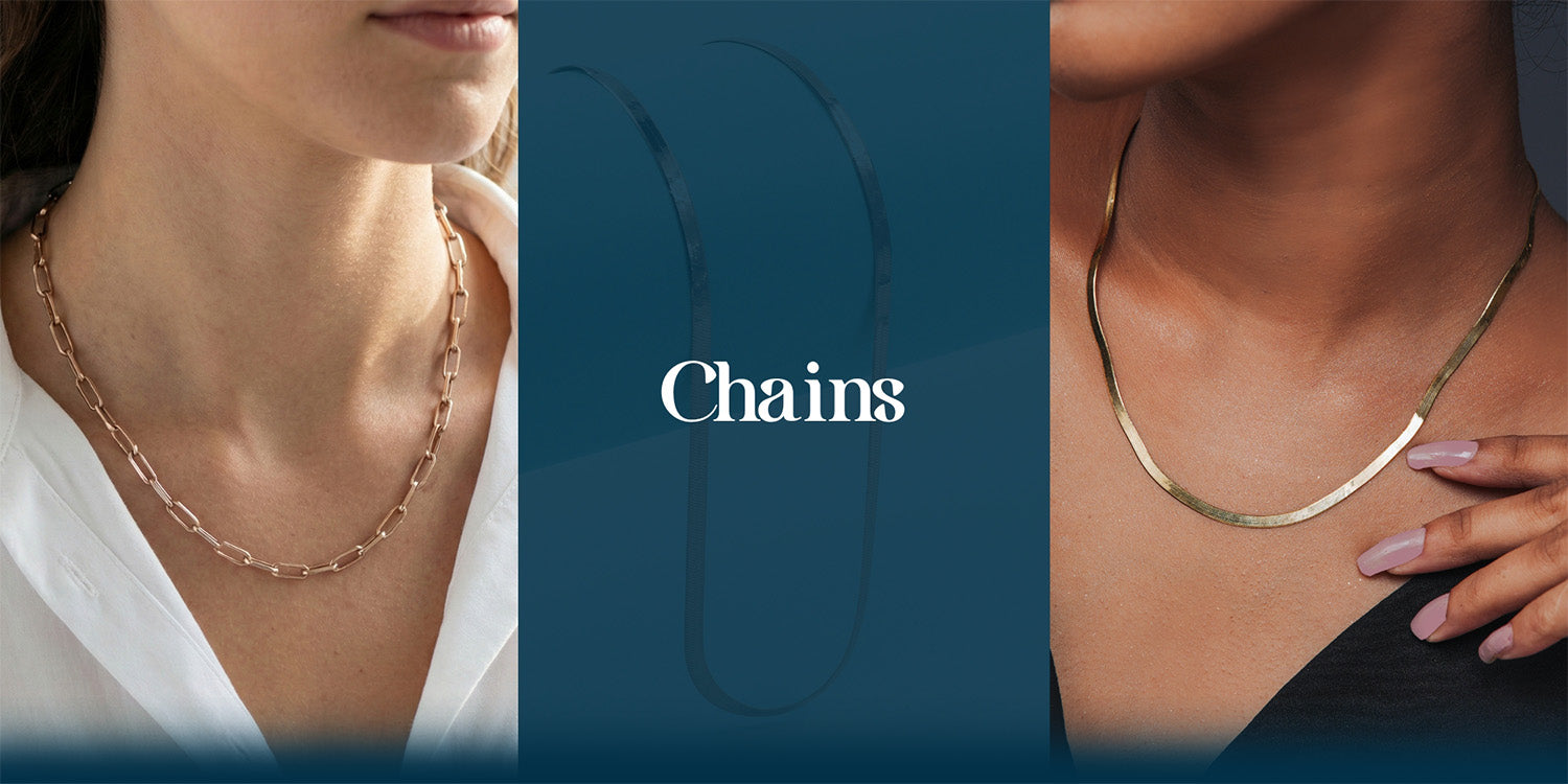 Elfy 925 Sterling Silver Chains collection banner featuring a trendy gold-plated paperclip link necklace and a sleek flat herringbone snake chain—Essential layering pieces for modern women's jewelry.