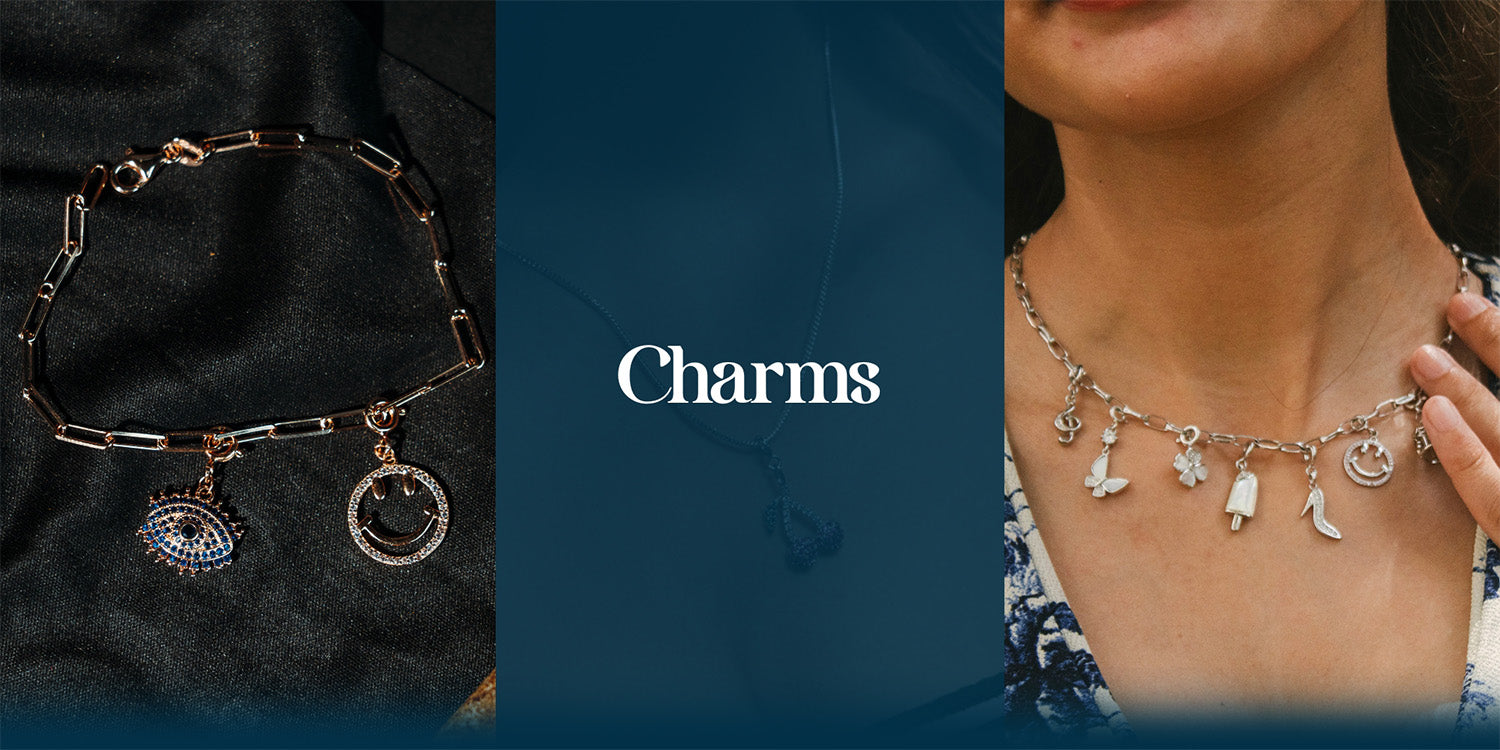 Elfy 925 Sterling Silver Charms collection banner featuring a trendy link bracelet with an evil eye and smiley charm, alongside a model wearing a personalized multi-charm necklace with butterfly, music note, and ice cream motifs—Customizable jewelry for unique gifts. These Charms can be used as Pendants, Charms in watch, Charms in Anklet, Charms in Bracelet, Charms in Earrings. 