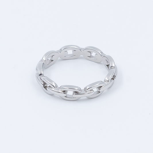 Sterling silver linkform ring for men with an interlocking link design on white background