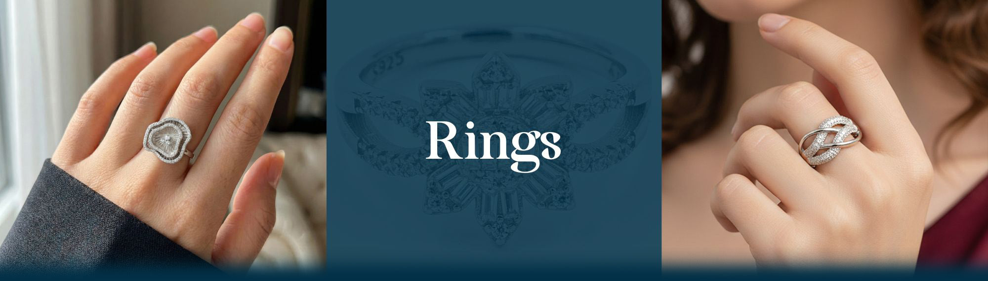 Three images of rings on fingers with a central 'Rings' logo.