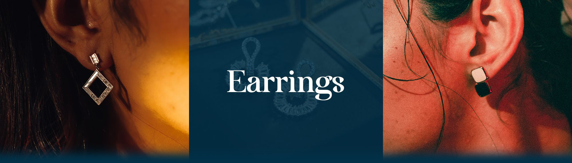 Elfy 925 Sterling Silver Earrings collection banner featuring elegant geometric diamond-shaped drop earrings with enamel of white and black colors and modern minimalist square studs—Trendy statement and everyday jewelry for women.