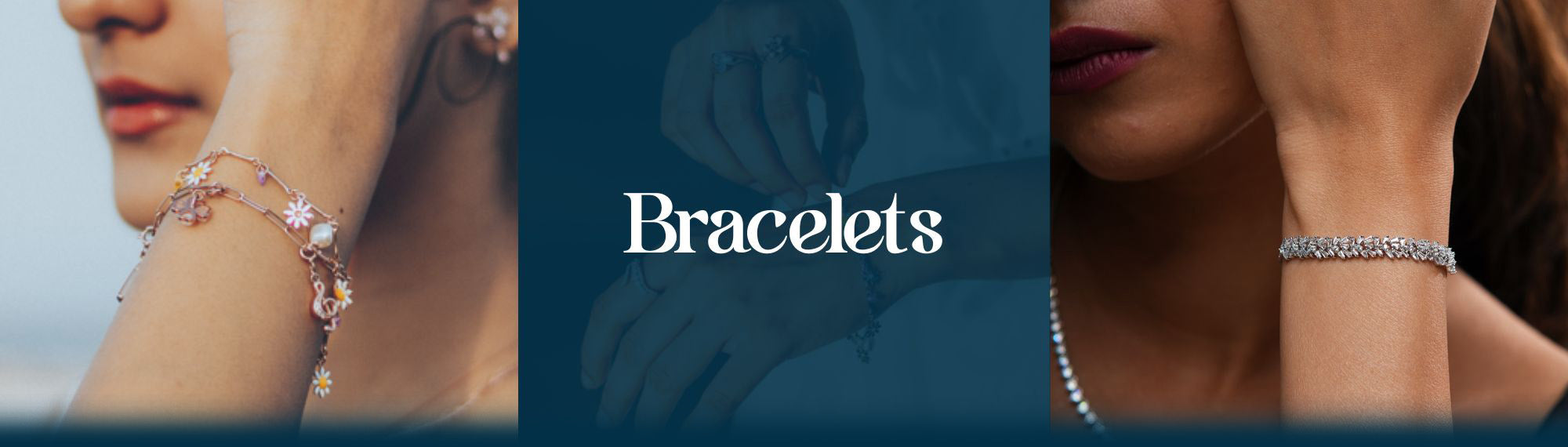 Elfy 925 Sterling Silver Bracelets collection banner featuring a playful layered daisy charm bracelet and a sophisticated crystal bracelet—Trendy and elegant hand jewelry for women, best for gifting to your fiancé.