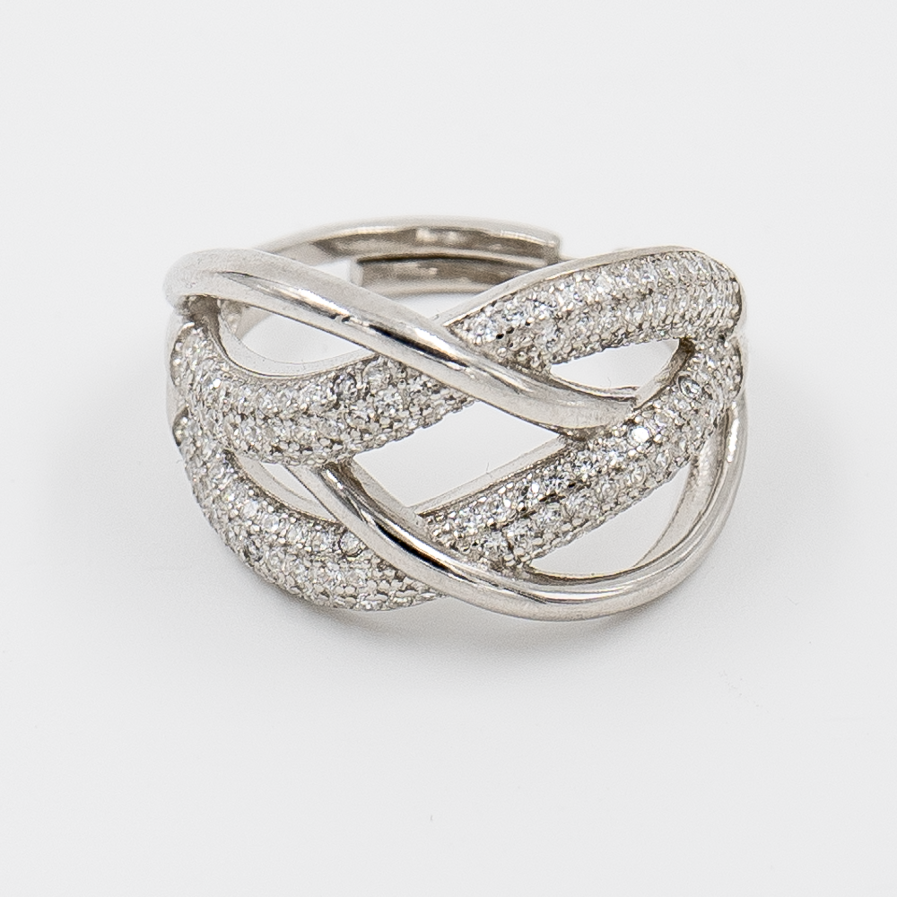 Elfy 925 Sterling Silver Calm Wave Ring featuring an adjustable open band and a sophisticated intertwined wave design encrusted with shimmering pavé-set crystals on a white studio background—A unique and elegant fine jewelry gift.