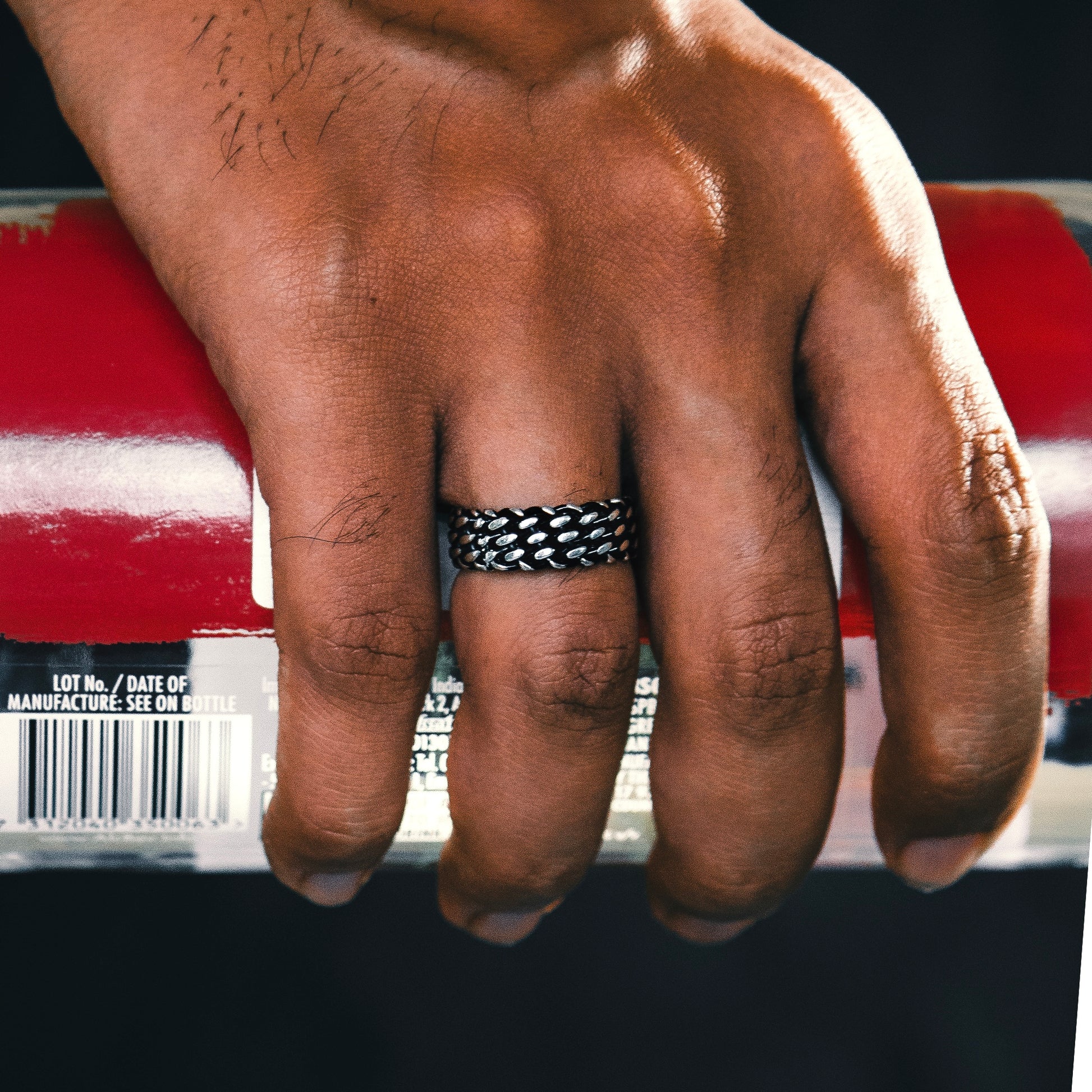 Men wearing elfy silver Forgelink Ring, its a oxidised ring with pattern