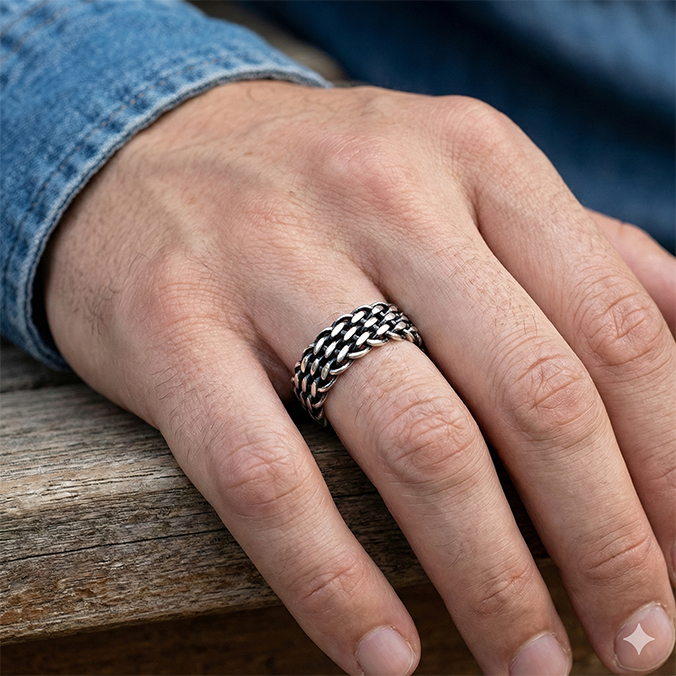 Men wearing elfy silver Forgelink Ring i ring finger its an oxidised ring with pattern