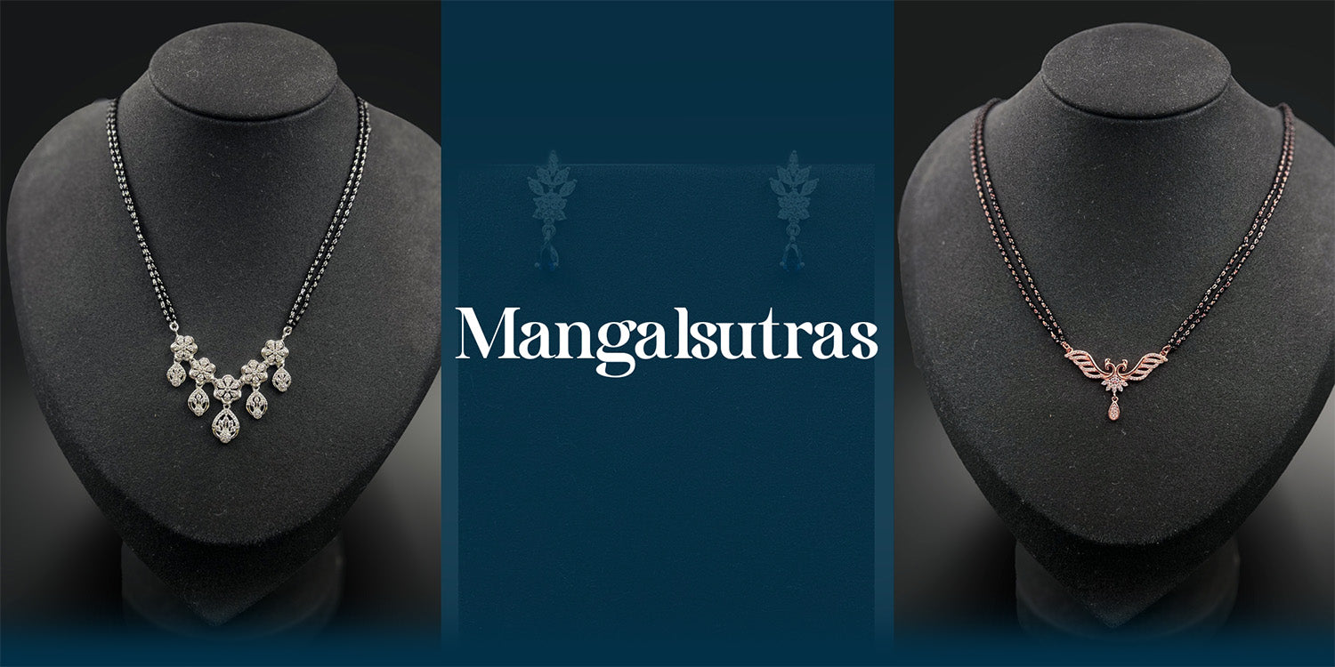 Elfy 925 Sterling Silver Mangalsutras collection banner featuring a traditional floral pendant design with crystals and a modern rose gold-plated winged motif mangalsutra on black beaded chains—Contemporary every day and office wear jewelry for married women, best for gifting for new brides.