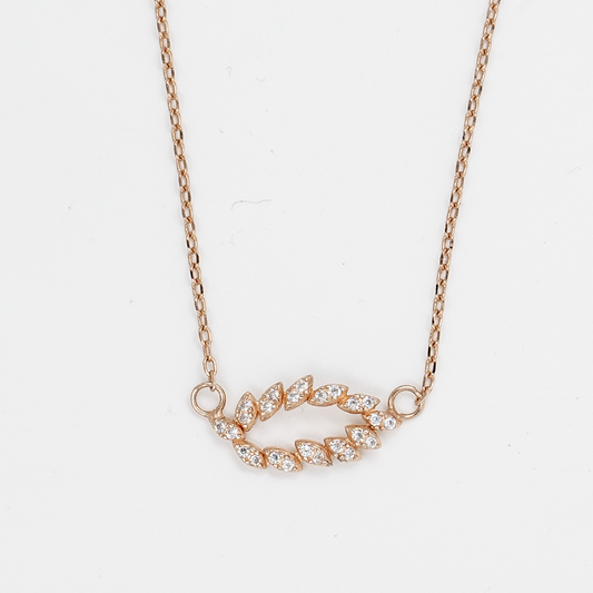Elfy 925 Sterling Silver Rose Gold Leaf Pendant Necklace featuring a delicate open-leaf design encrusted with shimmering marquise-cut crystals on a clean white background—An elegant and nature-inspired fine jewelry