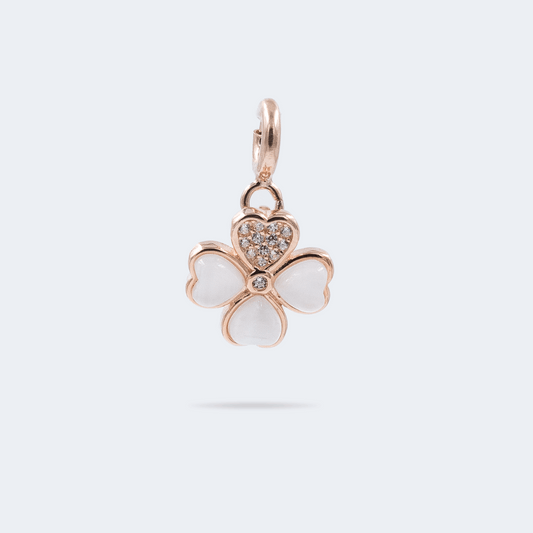 Rose gold goodluck charm with 3 side mother of pearl and 1 side studded with stones