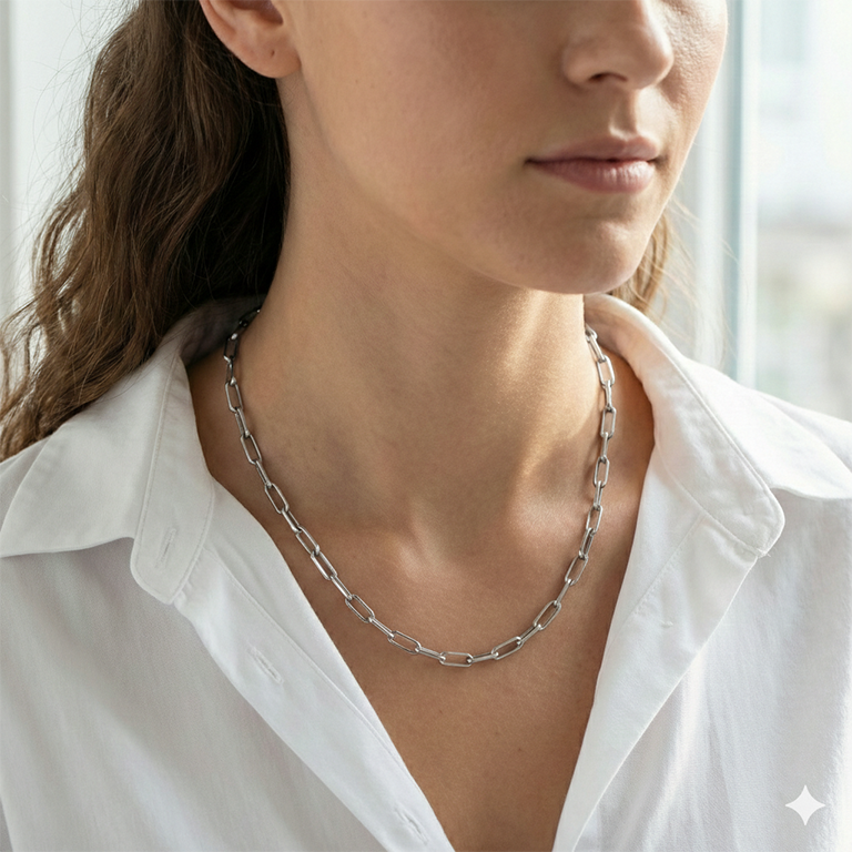 Sterling silver paperclip charm chain in silver on a models neck