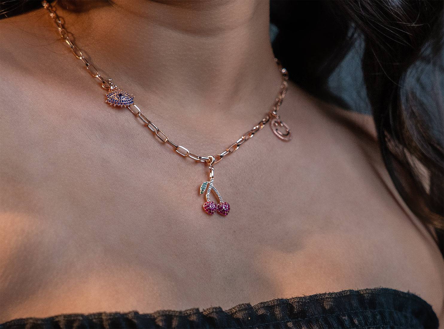 925 Sterling silver paperclip charm chain in rose gold with smily, evil eye and twin cherry charm