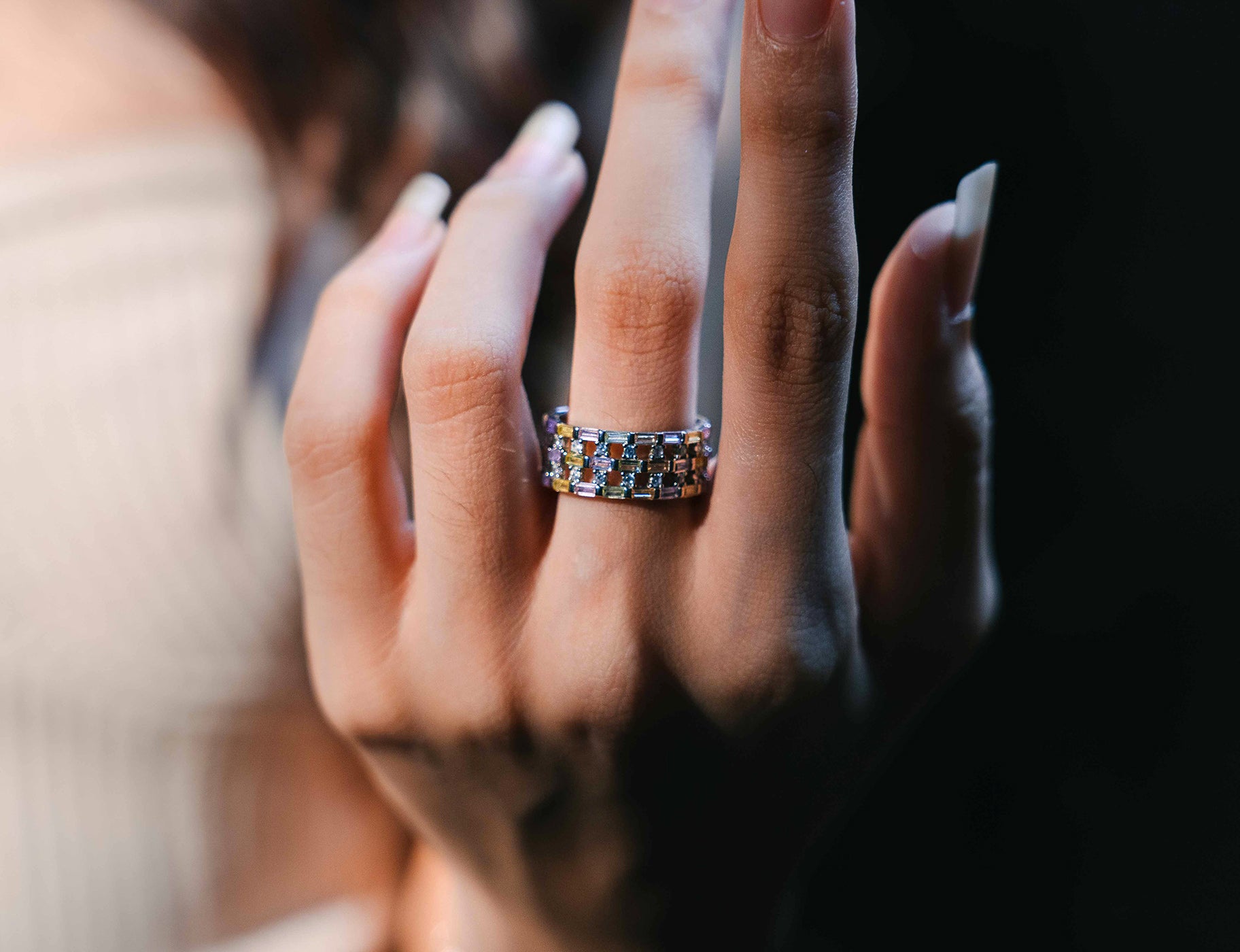 Sterling silver ring with three layers having multiple color stones