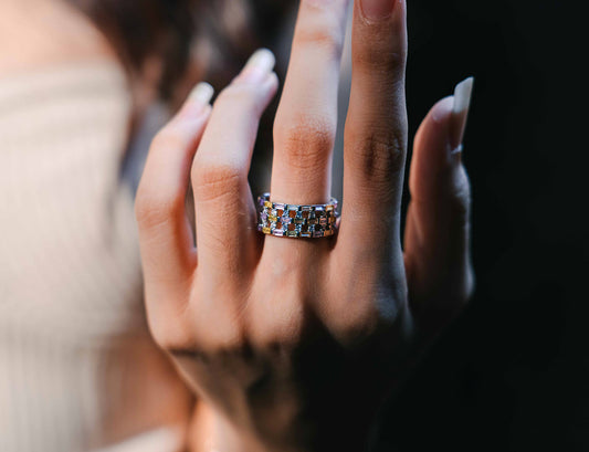 Sterling silver ring with three layers having multiple color stones