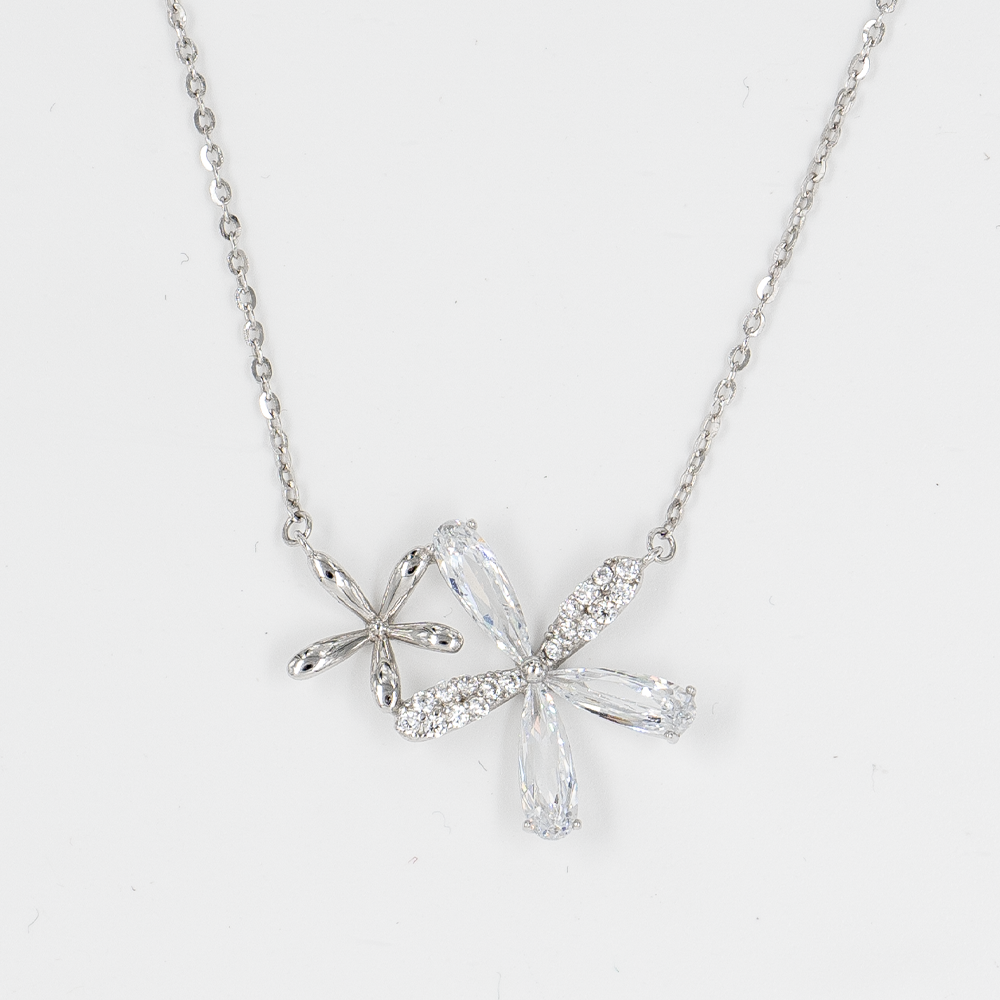 Elfy 925 Sterling Silver Twin Bloom Necklace featuring a sophisticated dual-flower design with one polished silver bloom and a second shimmering bloom set with marquise-cut crystals on a clean white background