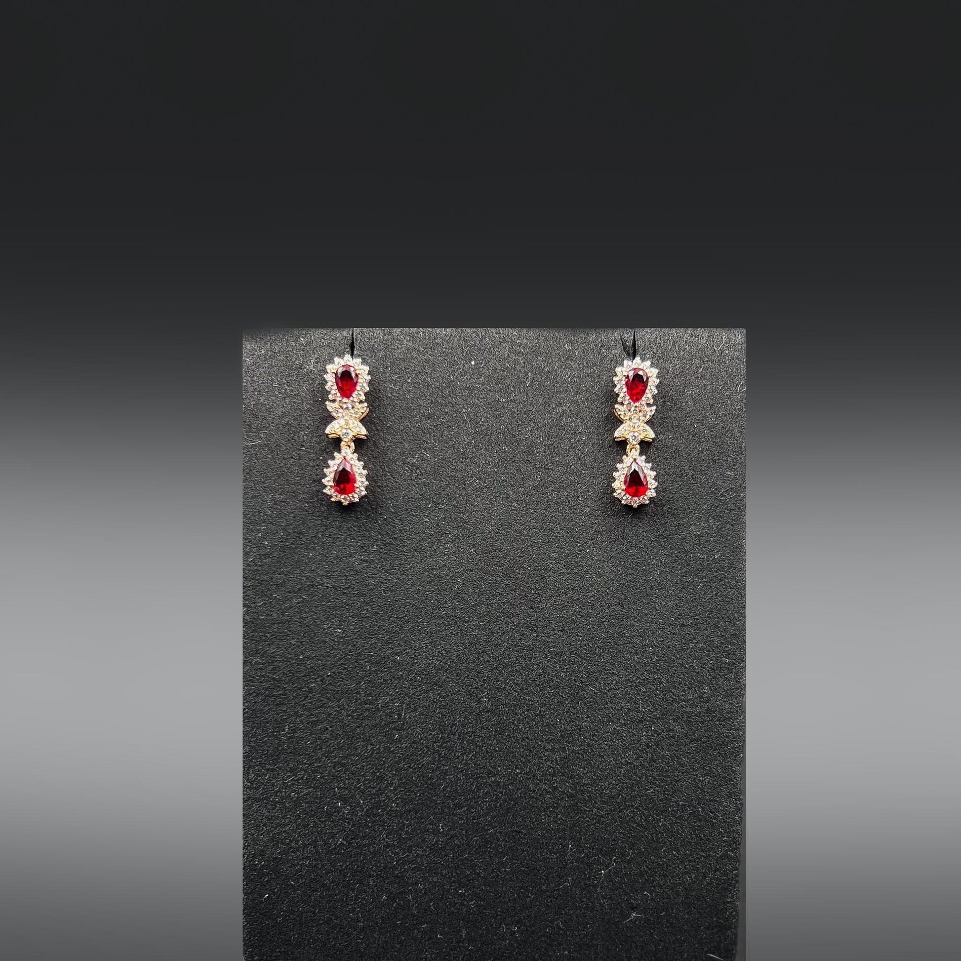 Pair of earrings with red gemstones on earrings stand