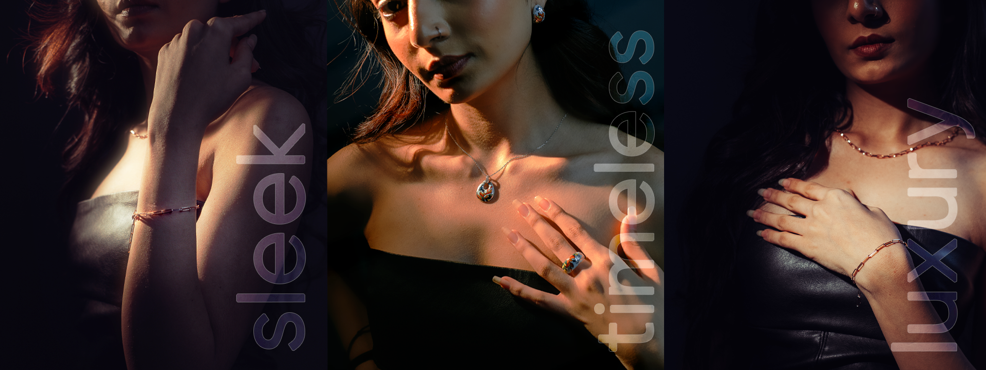 Collage of a woman wearing jewelry with 'sleek' and 'timeless' text overlay.