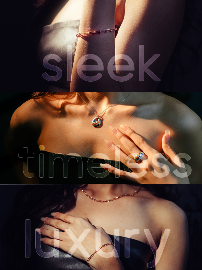 Collage of a woman wearing jewelry with text overlay on a dark background
